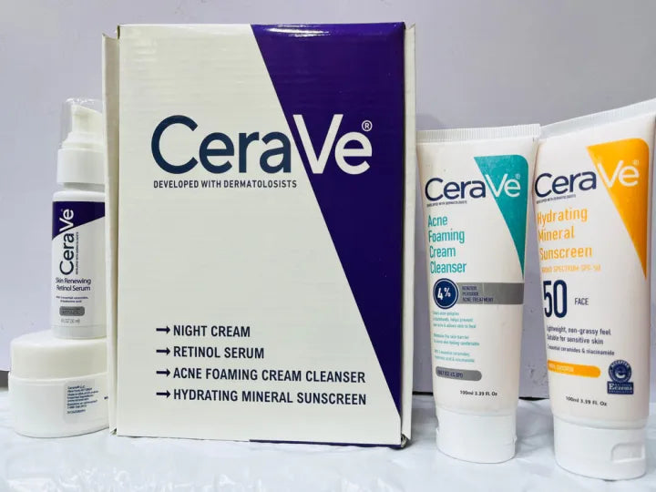 TYMO Cerave 4 In 1 Skincare Kit Night Cream, Sunblock, Cleanser & Serum, for Radiant Skin